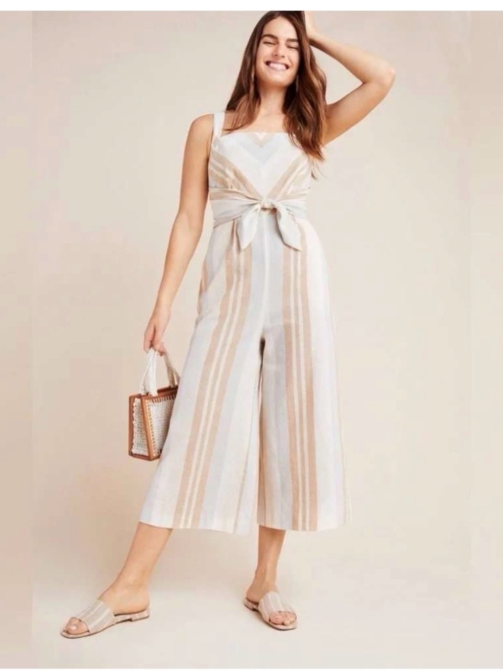 Anthropologie Cream & Tan Striped Wide-Leg Tie-Front Jumpsuit
